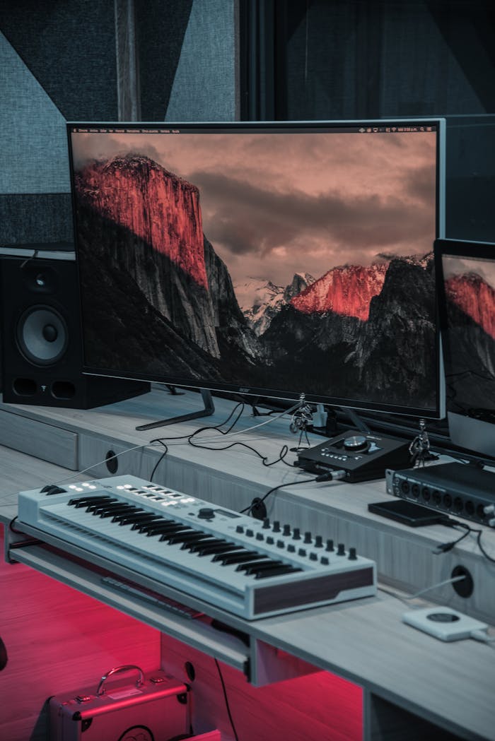 gallery-06 Discover a cutting-edge music studio featuring electronic equipment and an audio mixer.